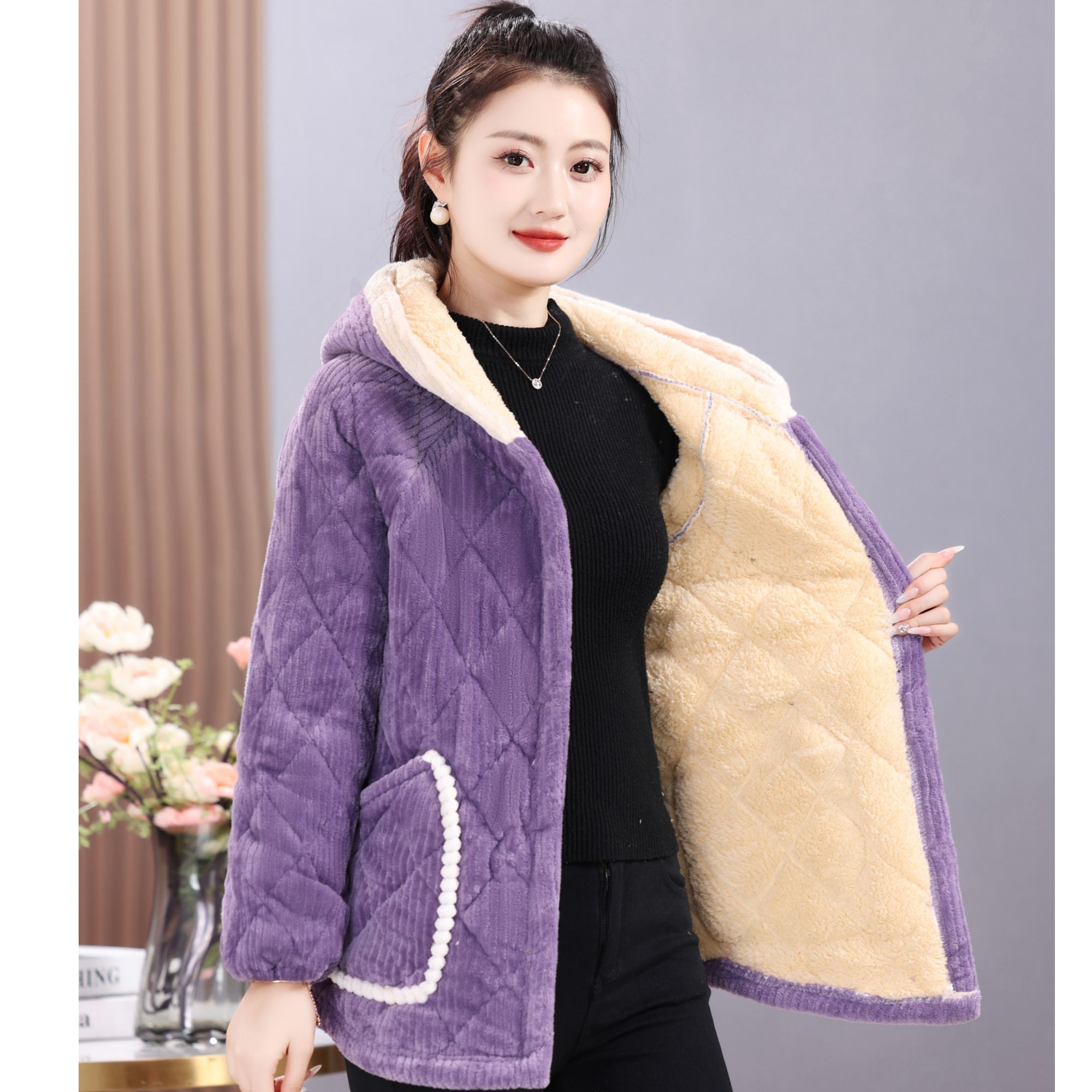 妈妈装秋冬新款加绒加厚连帽罩衣棉衣中老年女装冬装防污棉服棉袄