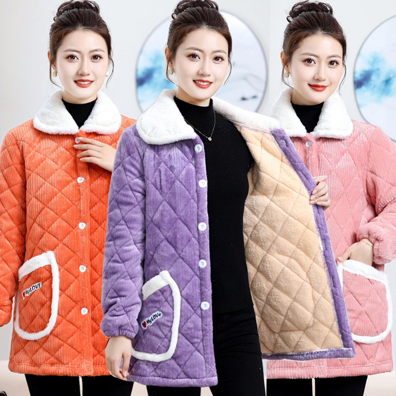秋冬新款加绒加厚保暖棉服中老年女装冬装防污罩衣妈妈装棉衣棉袄