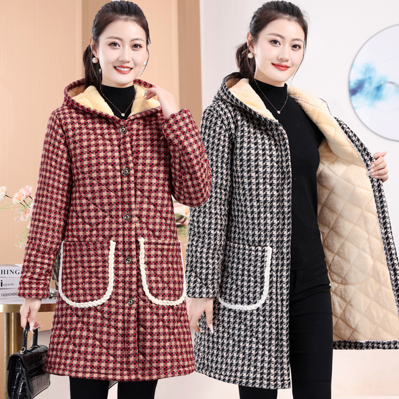 冬装加绒加厚连帽罩衣棉服中老年女装冬季保暖棉衣防污妈妈装中长