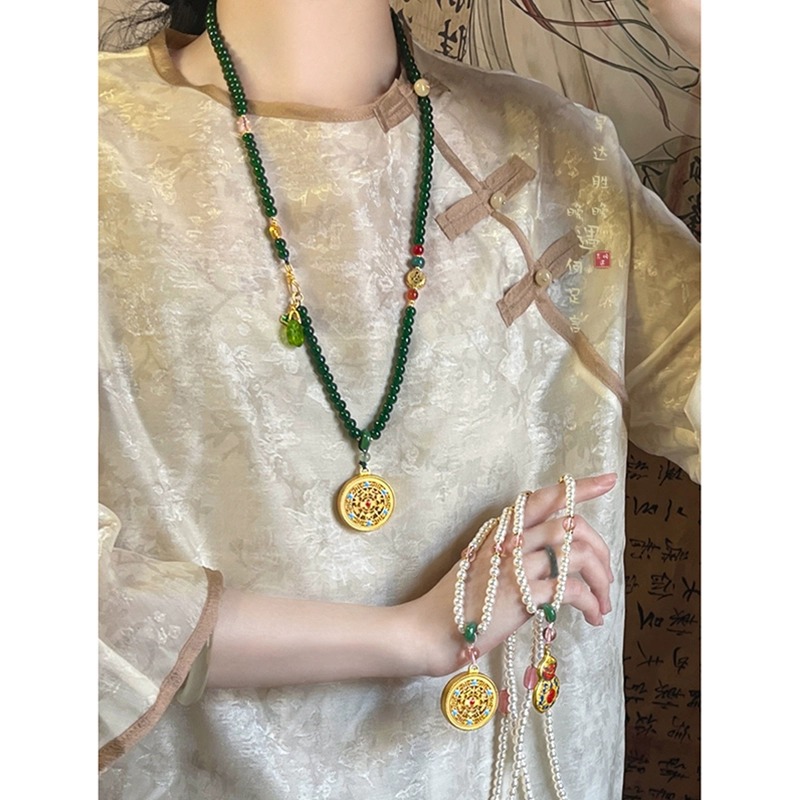 铜合金项链 新中式复古圆牌串珠项链马面裙汉服旗袍民族风毛衣链 
