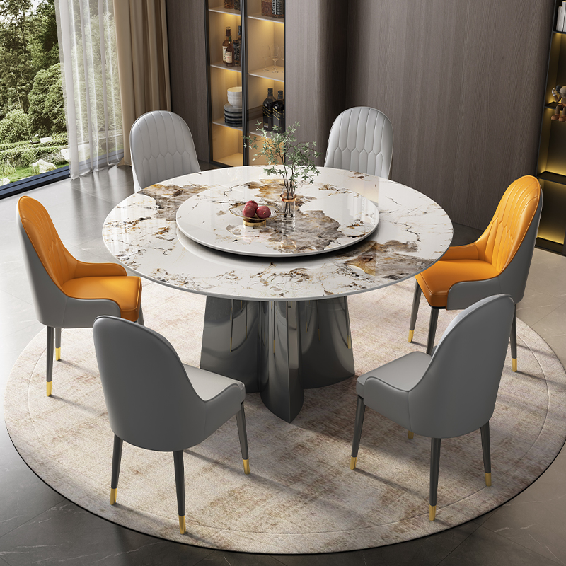 轻奢岩板餐桌椅组合现代简约大小户型家用岩板圆桌带转盘餐桌饭桌