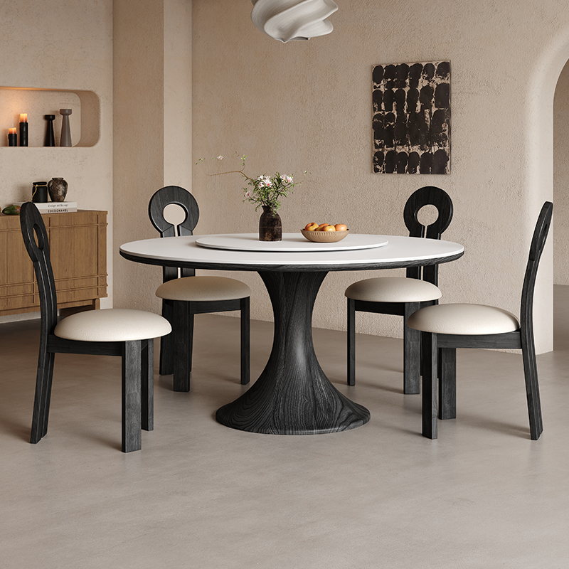 北欧实木餐桌圆形带转盘现代简约进口橡木侘寂风意式哑光岩板圆桌