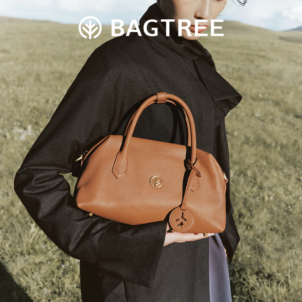 BAGTREE包包树松萝包 植鞣皮波士顿包2025新款保龄球手提女包春夏