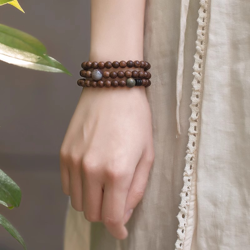 非金属木质手链 国风木质串珠手串文艺情侣手链复古多圈叠戴手饰 
