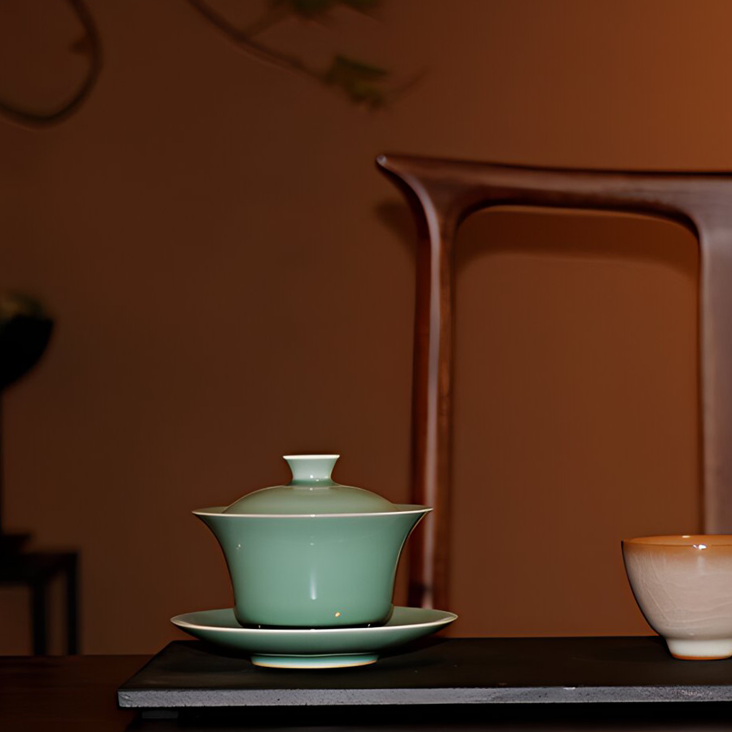 青瓷茶具茶盖碗与茶托手工茶具茶杯陶瓷青瓷高档中式梅子青色釉