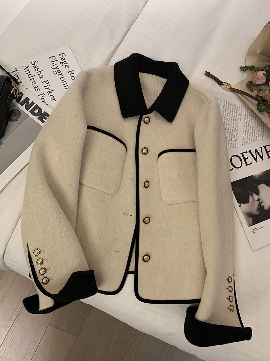 米白色双面毛呢外套女2023秋冬韩版撞色翻领时尚气质小香风短外套