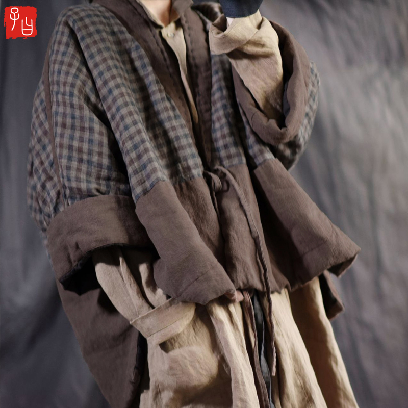 子曰文艺气质亚麻格子拼布棉袄禅意系带棉衣棉服复古国风夹棉外套