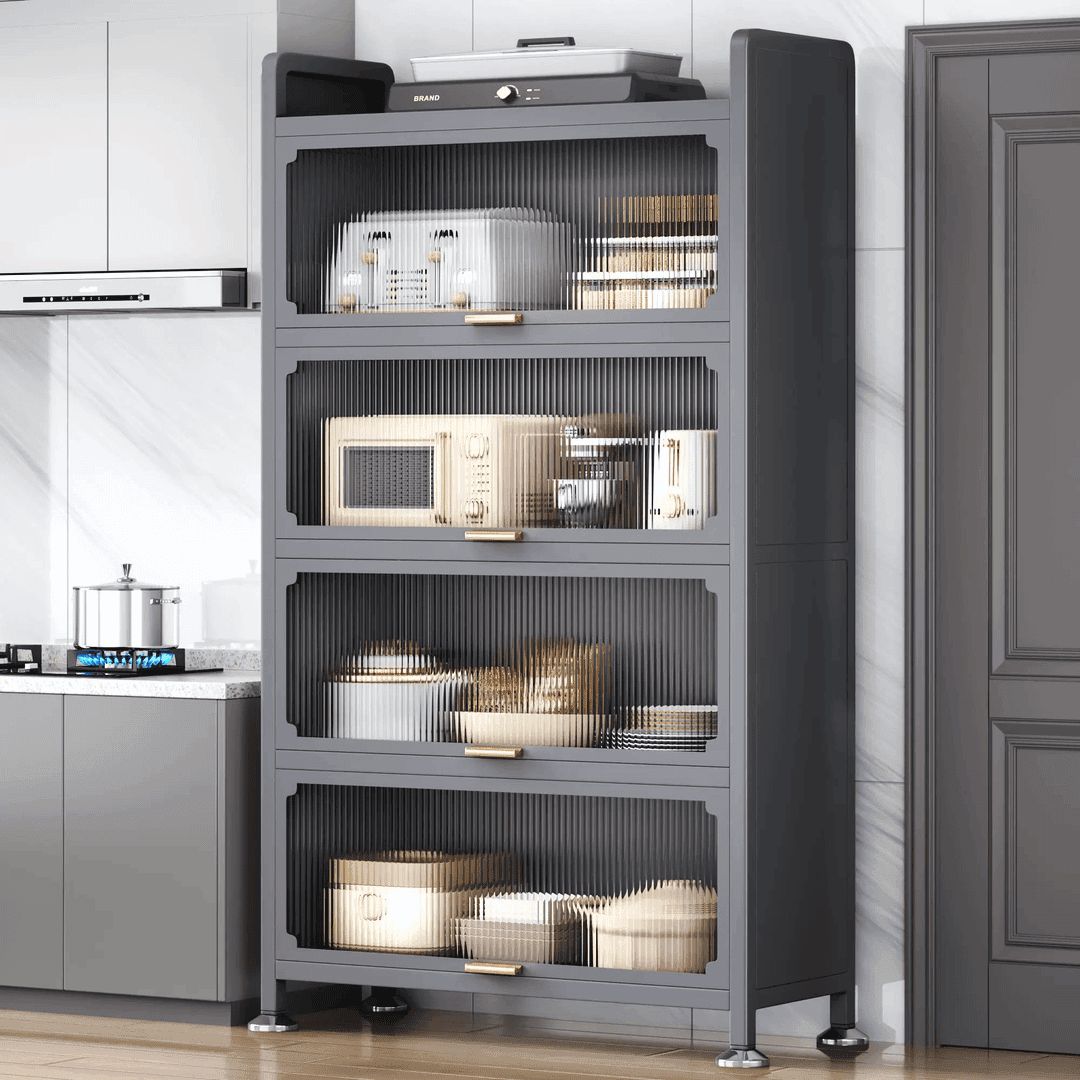 新疆包邮】厨房置物架落地带门多层多功能储物柜微波炉烤箱收纳柜