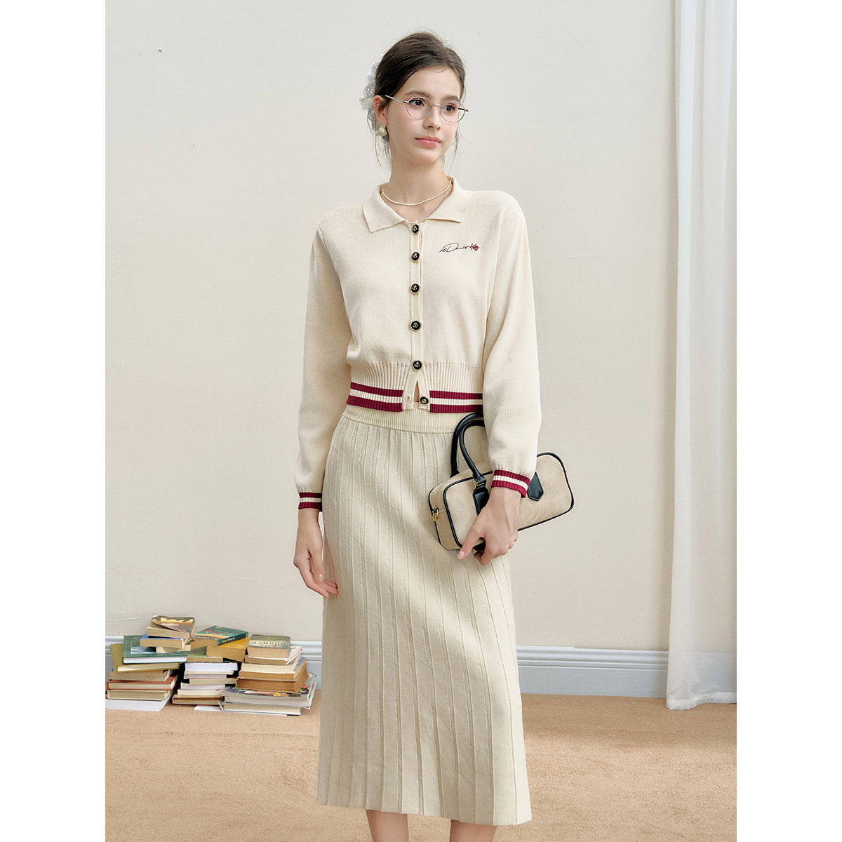 16DEWS 学院风撞色边针织开衫半身裙两件套