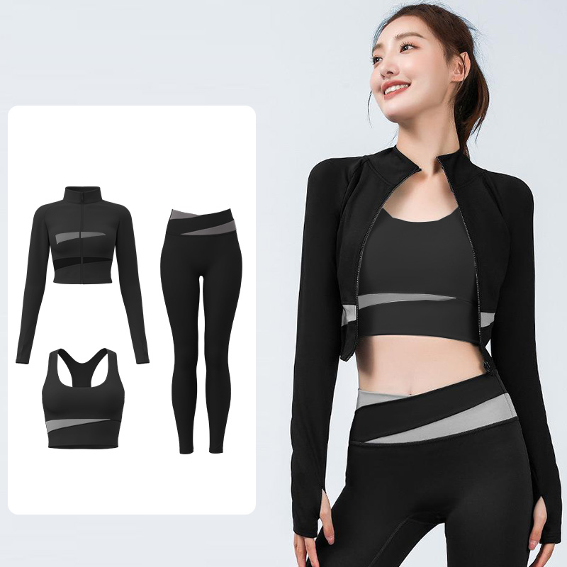 瑜伽服套装三件套女蜜桃拼色亲肤裸感无缝运动紧身运动健身服套装