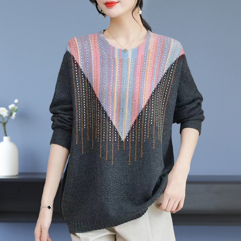 欧洲站秋冬微胖长袖针织衫套头大码中年时尚烫钻宽松洋气百搭毛衣