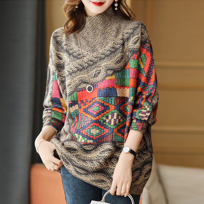 欧洲站洋气半高领仿水貂绒毛衣复古宽松时尚印花显瘦针织上衣女