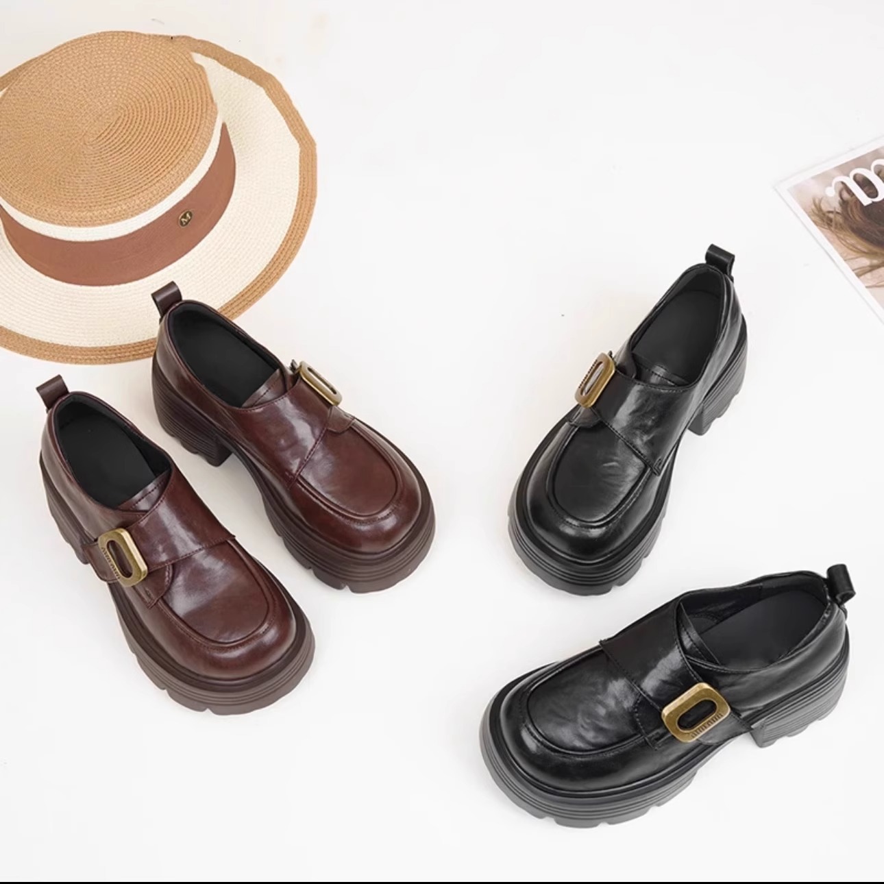 乐福鞋新款2024单鞋圆头魔术贴女蕊风粗跟鞋时尚厚底秋季高跟