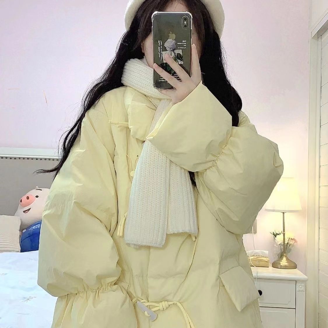 雅鹿暖黄色牛角扣面包服外套女冬季新款韩版宽松学生加厚羽绒服棉