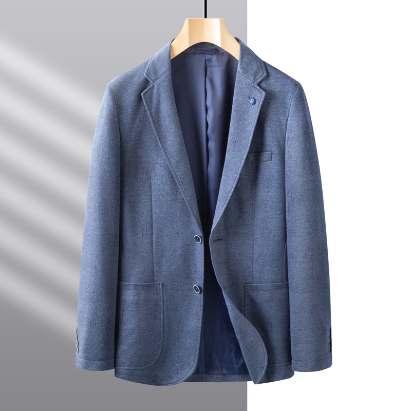 男士品质休闲西服单西商务修身有型牛仔蓝花纹外套