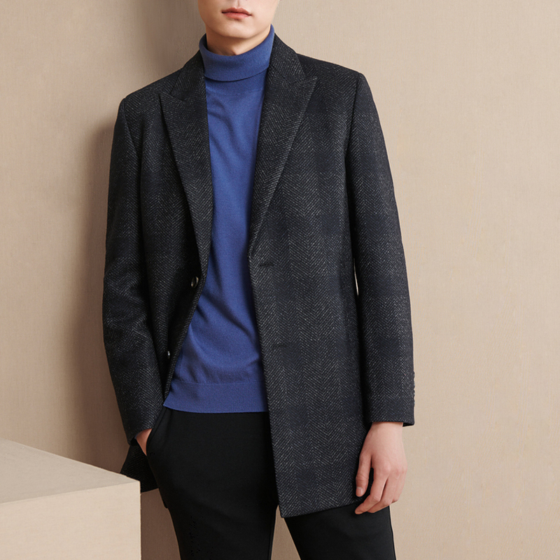 商务绅士格纹西装领针织大衣冬季中长款外套男深灰花纹