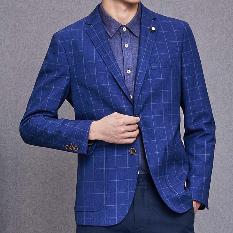 英伦藏青格纹休闲西服平驳领单时尚西外套男韩版修身西服外套上衣