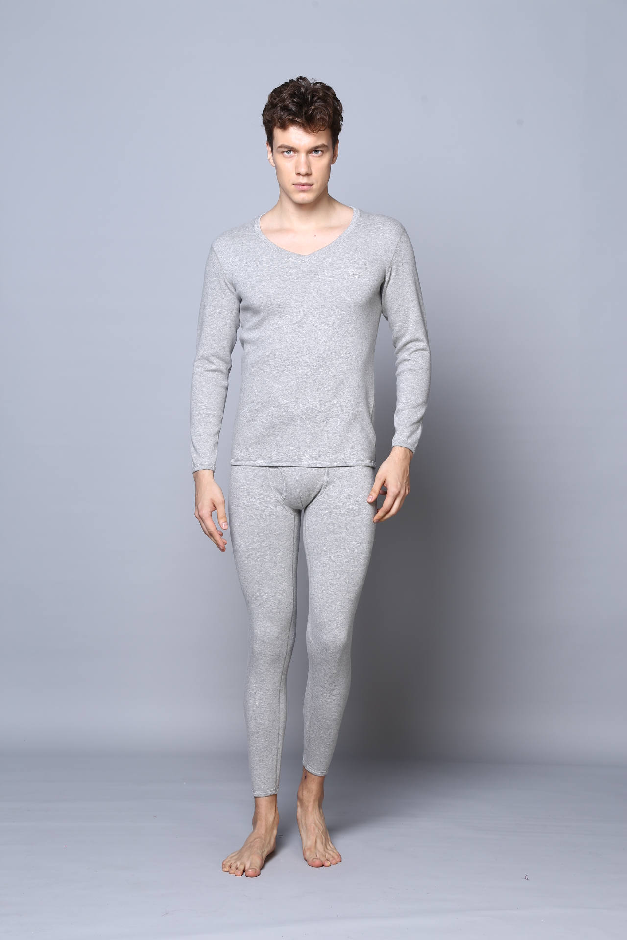 5008浅麻灰V领加厚加绒保暖内衣套装