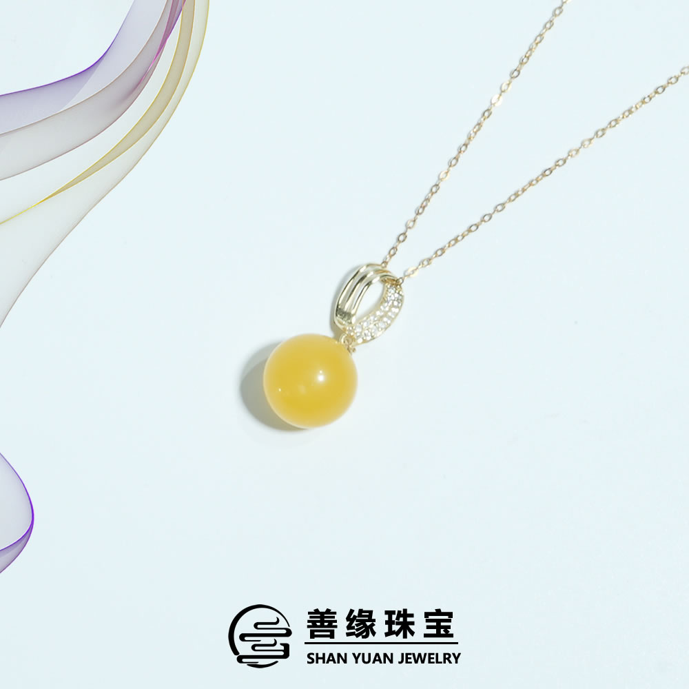 【善缘】S925银镶嵌天然蜜蜡圆珠13mm轻奢吊坠锁骨链颈链（赠链）