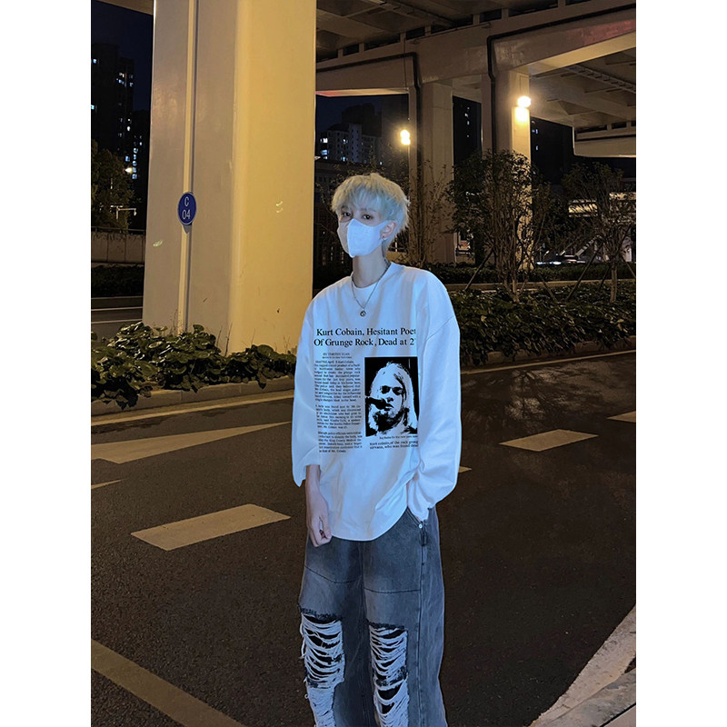美式涅槃长袖t恤男纯棉重磅打底衫潮流高街情侣圆领印花百搭上衣