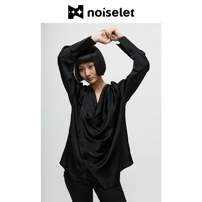 NOISELET黑色荡领斜门襟衬衫女气质显瘦复古休闲长袖衬衣 N289