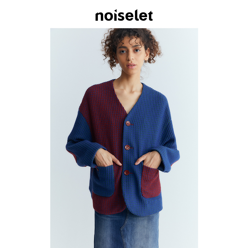 NOISELET拼色格子秋季女外套设计感长袖V领针织开衫外套 N396-1-2