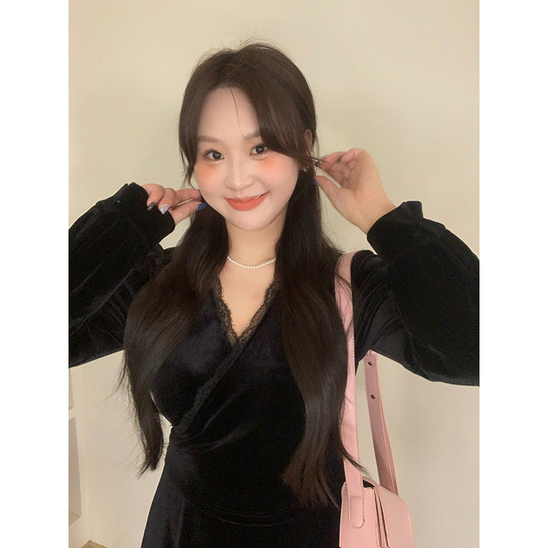 KMZY/KMZY山_山【椰鲁甜心】微胖女装韩版假一片式拼接丝绒连衣裙