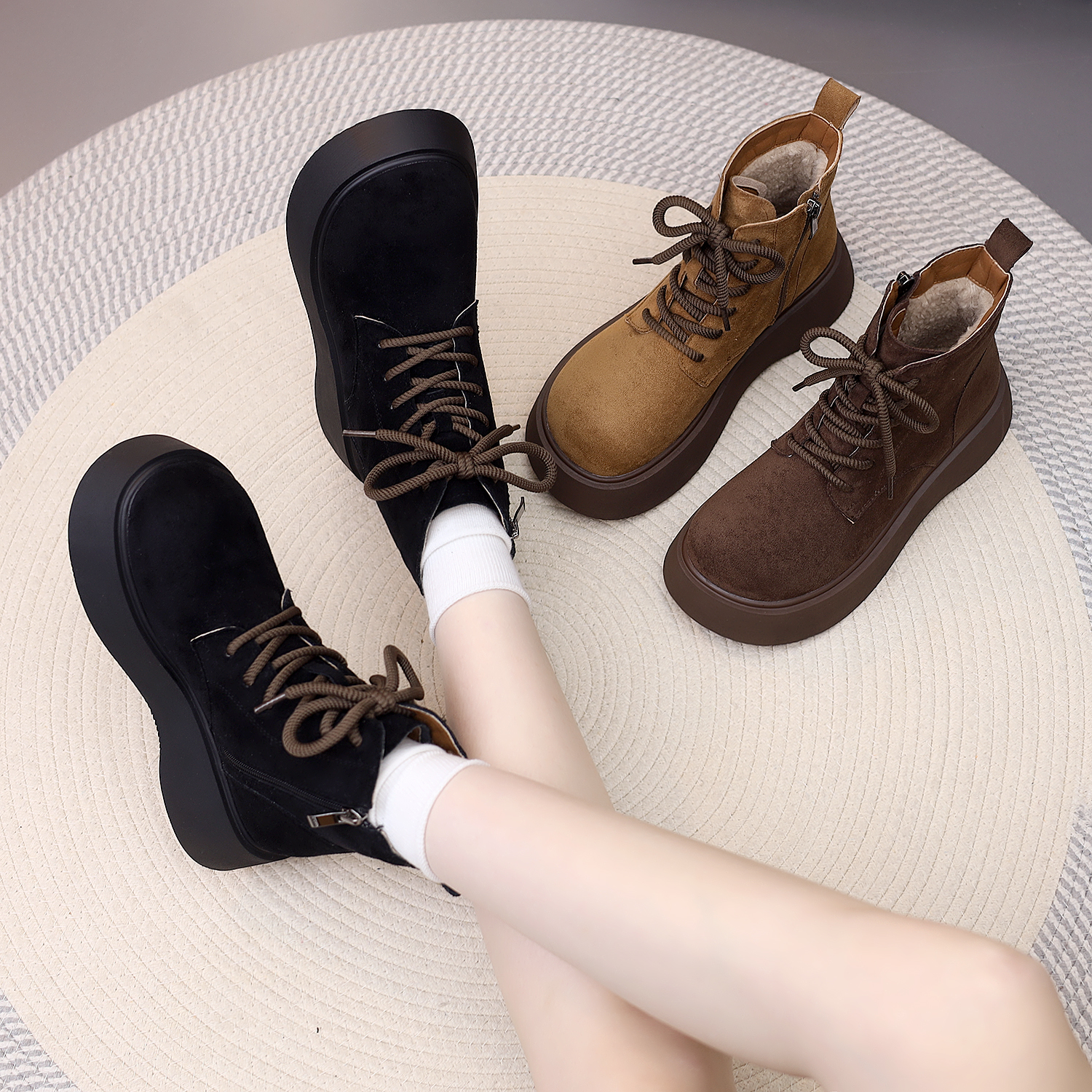 小个子马丁靴女2024冬季复古款增高加绒保暖翻毛皮显瘦短靴2656-1