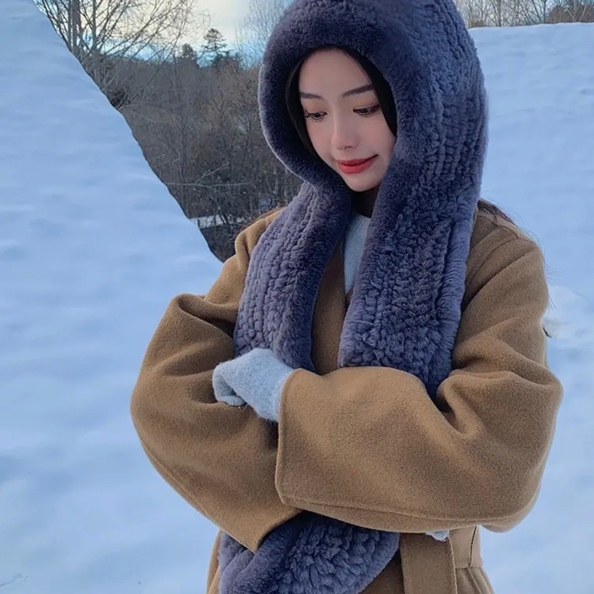 【獭兔毛围巾帽】皮草双面手工围巾帽子一体加厚冬季连帽百搭风雪帽