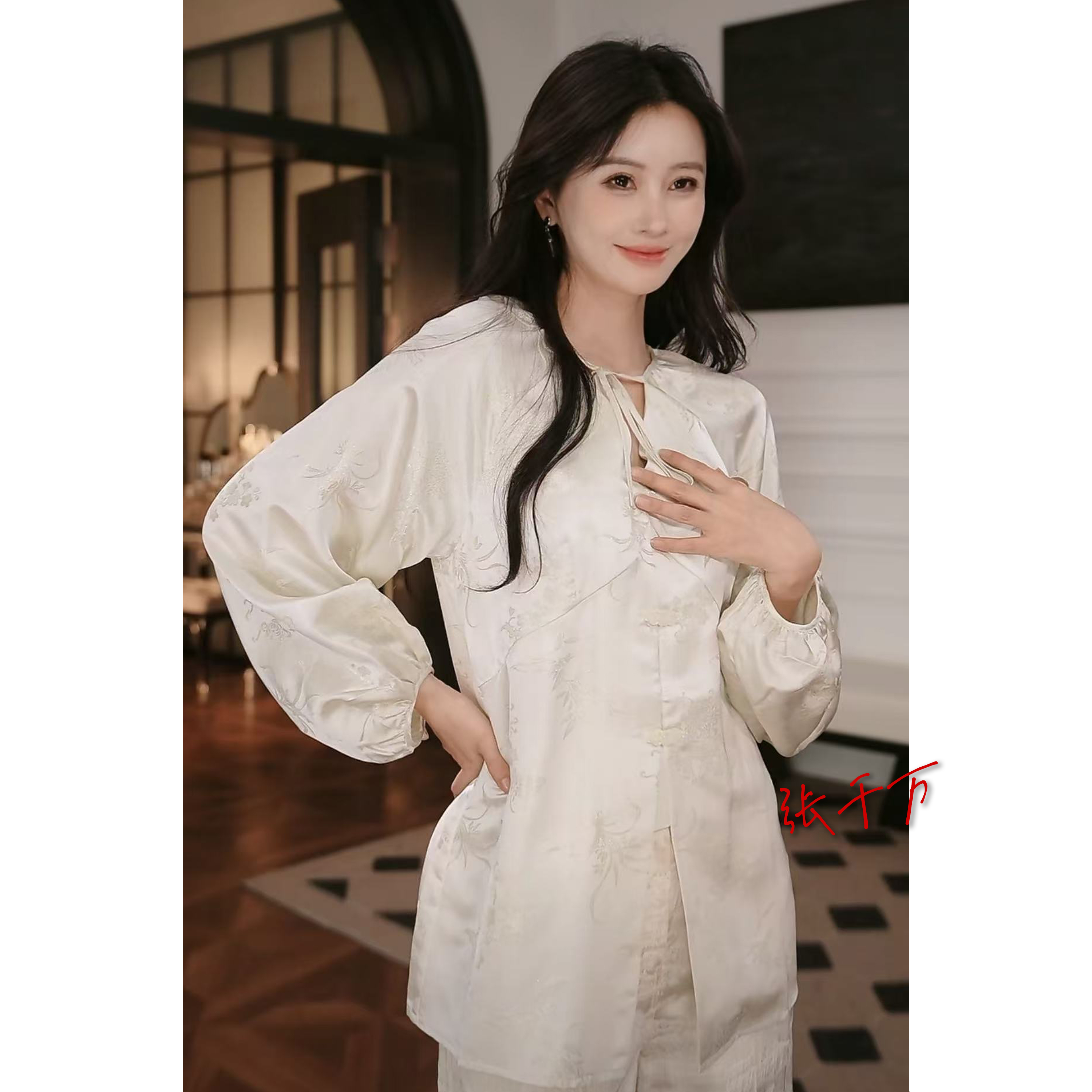 【鸢岘】霞衣月赏香槟色提花新中式系带衬衫YX04110211