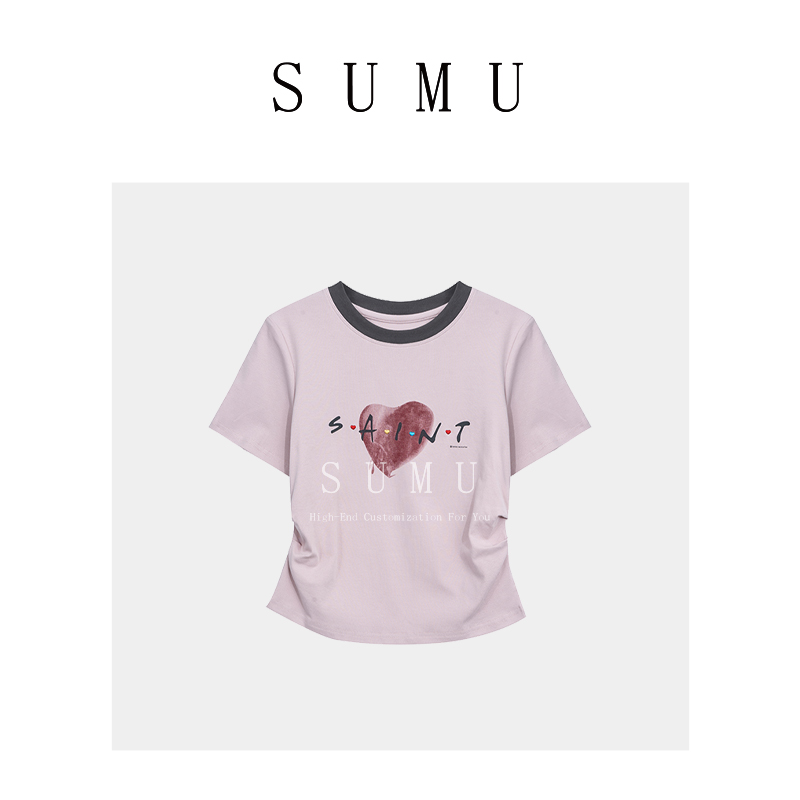 宿慕女款撞色边上衣夏季2024新款百搭爱心短袖小个子女T恤19669