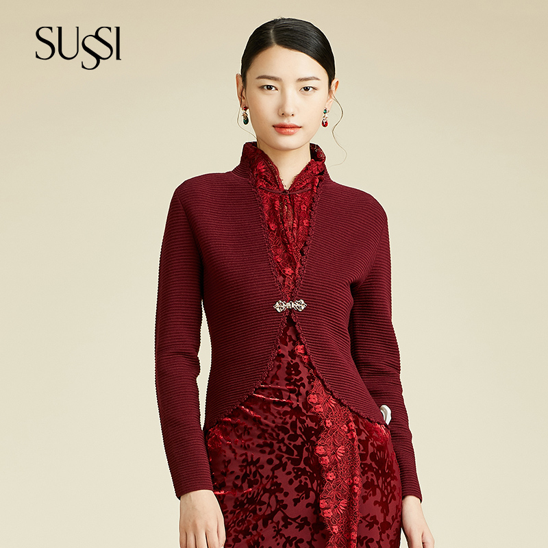 【古色.敦煌】SUSSI/古色秋季新品酒红色雅丹风领针织短款毛衣外套