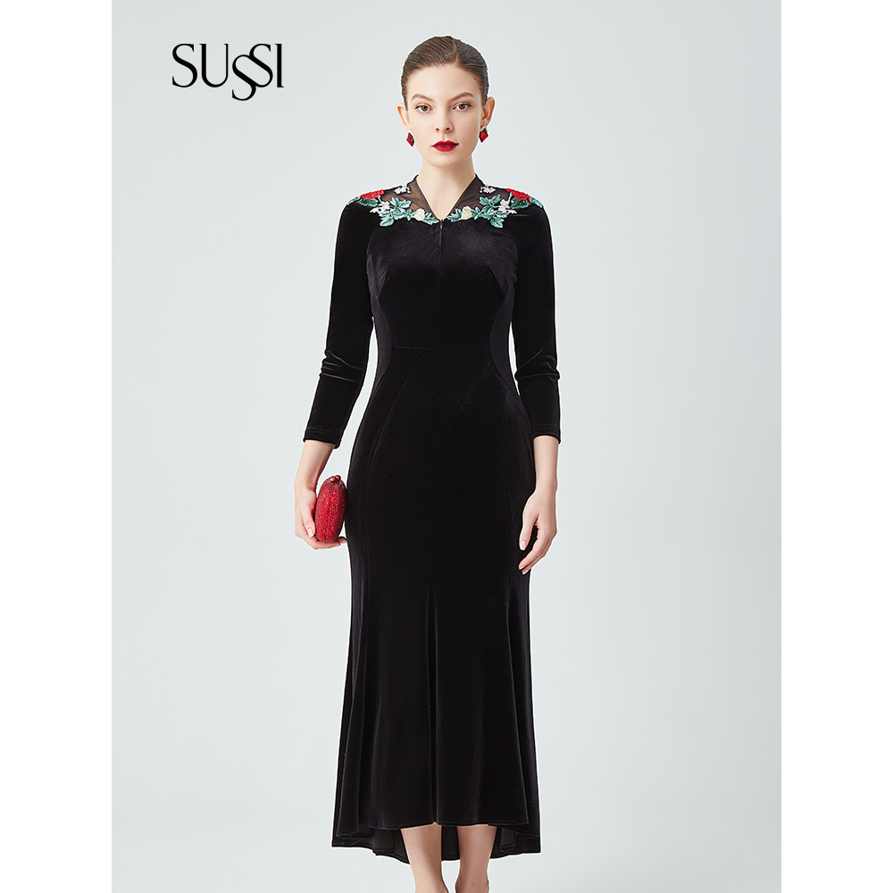 【香肩美人】SUSSI/古色24春商场同黑色款丝绒宴会年会礼服连衣裙
