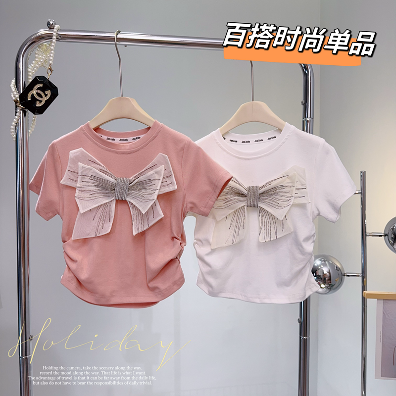 女童夏装短袖T恤2025夏季新款中大儿童褶皱蝴蝶结洋气时尚上衣潮