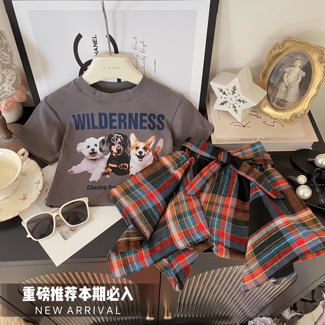女童夏装套装2024夏季新款中小童印花T恤美式高街格纹裤裙两件套