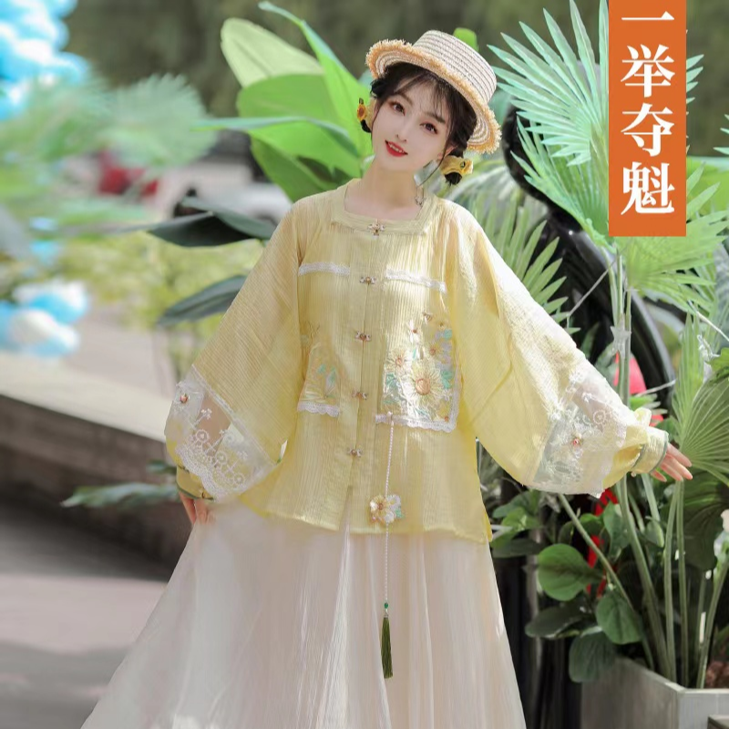 【向阳花】原创汉服女明制夏季日常上班可穿纯色大码短衫方领半袖