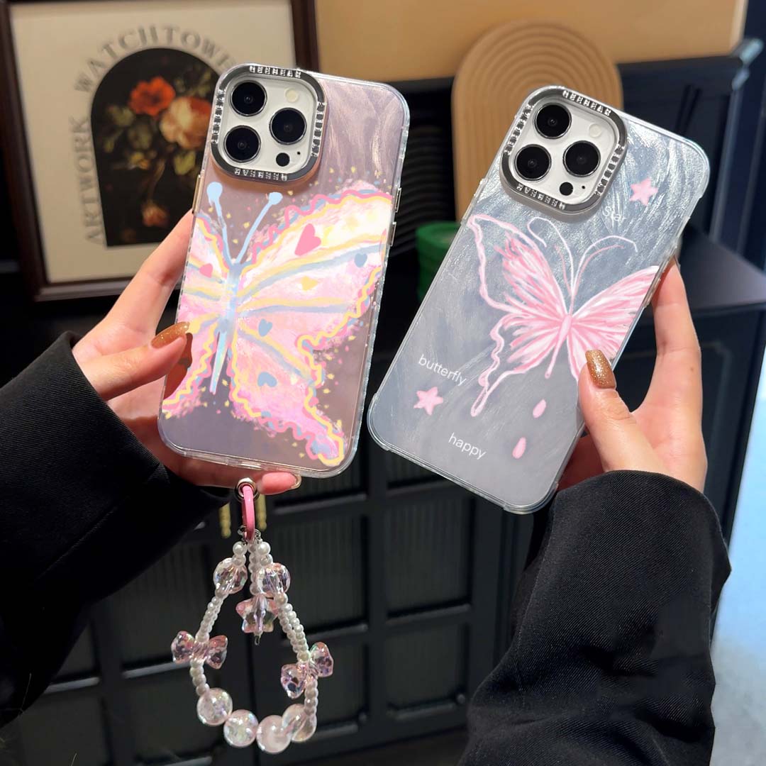 ins风粉色蝴蝶羽纱iPhone15/14promax手机壳苹果13/12新款11闺蜜