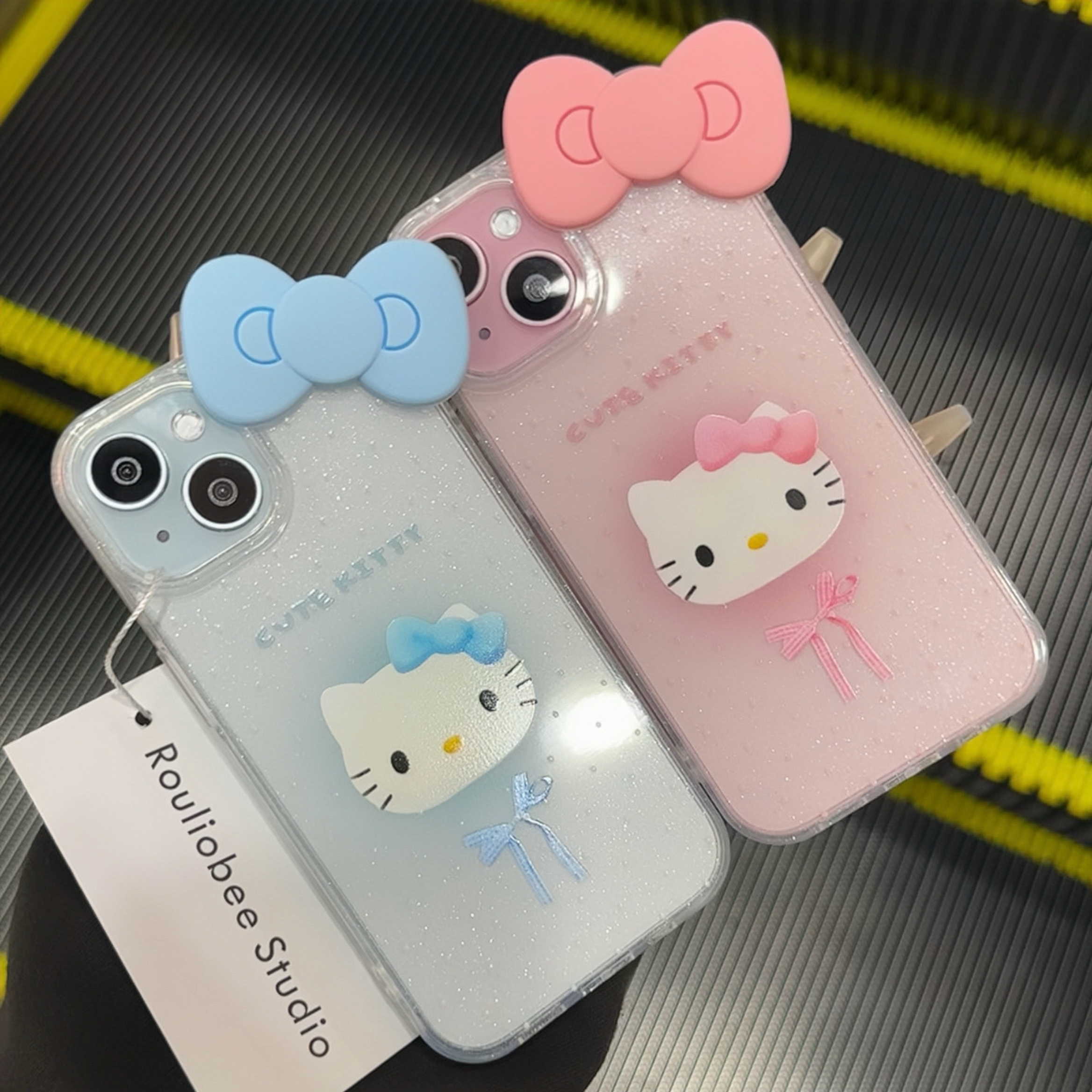 细闪3DKT立体蝴蝶结苹果15手机壳iPhone13/14promax女款12软11套