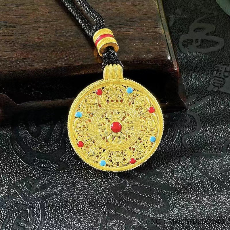 足金999古法金镂空挂绳吊坠低温珐琅金刚杵八宝罗盘吊坠（配绳）