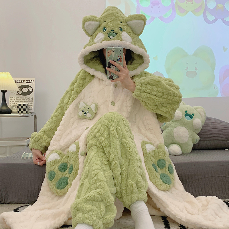 卡通冬天珊瑚绒睡衣女加绒保暖连帽睡袍可爱秋冬季家居服套装学生