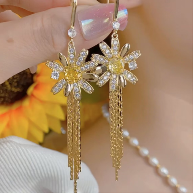 铜合金合成锆石耳饰 平替好物向日葵时尚气质流苏耳环269