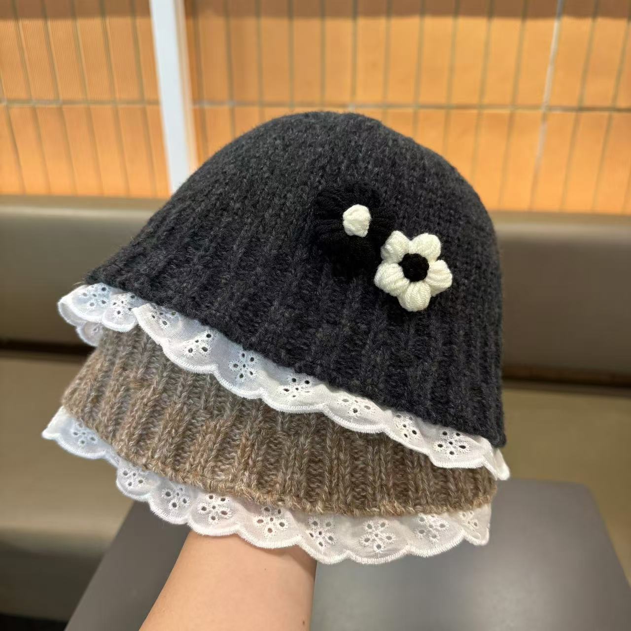 韩系小花儿童帽子秋冬女童渔夫帽保暖毛线帽女宝宝针织毛线水桶帽商品图