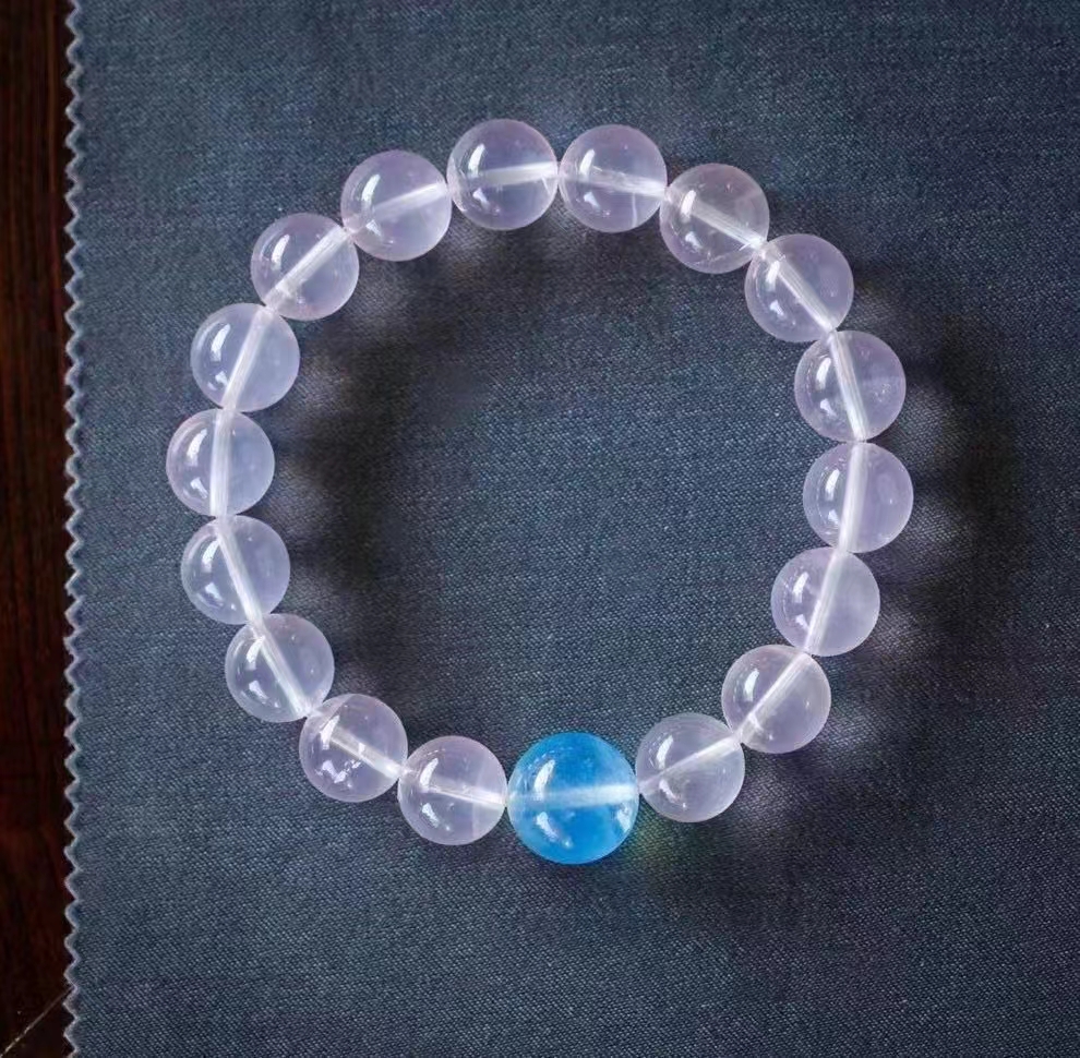 天然粉晶手链搭配海蓝宝单珠星光冰透粉清爽手链珠径11