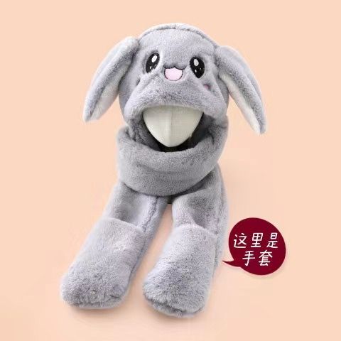 儿童兔耳朵会动帽子围巾手套一体秋冬季男女童宝宝加厚可爱三件套