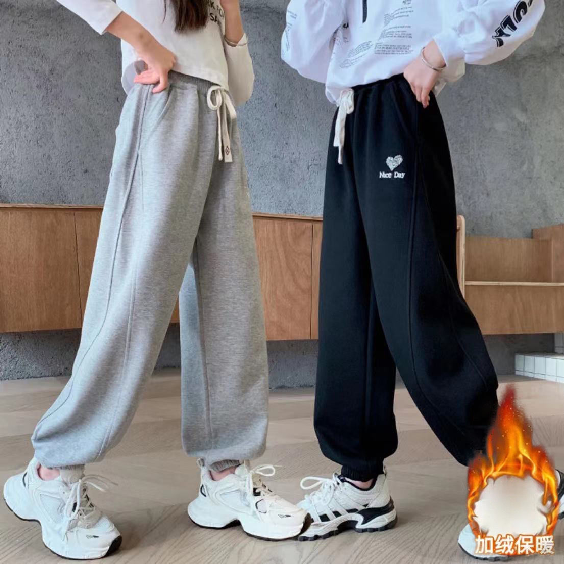 女童裤子秋冬季儿童加绒加厚中大童运动裤宽松保暖一体绒APX