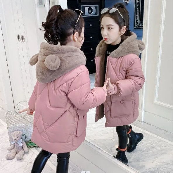2023新款女童棉服加厚加绒冬装儿童中大童棉衣可爱中长款洋气外套