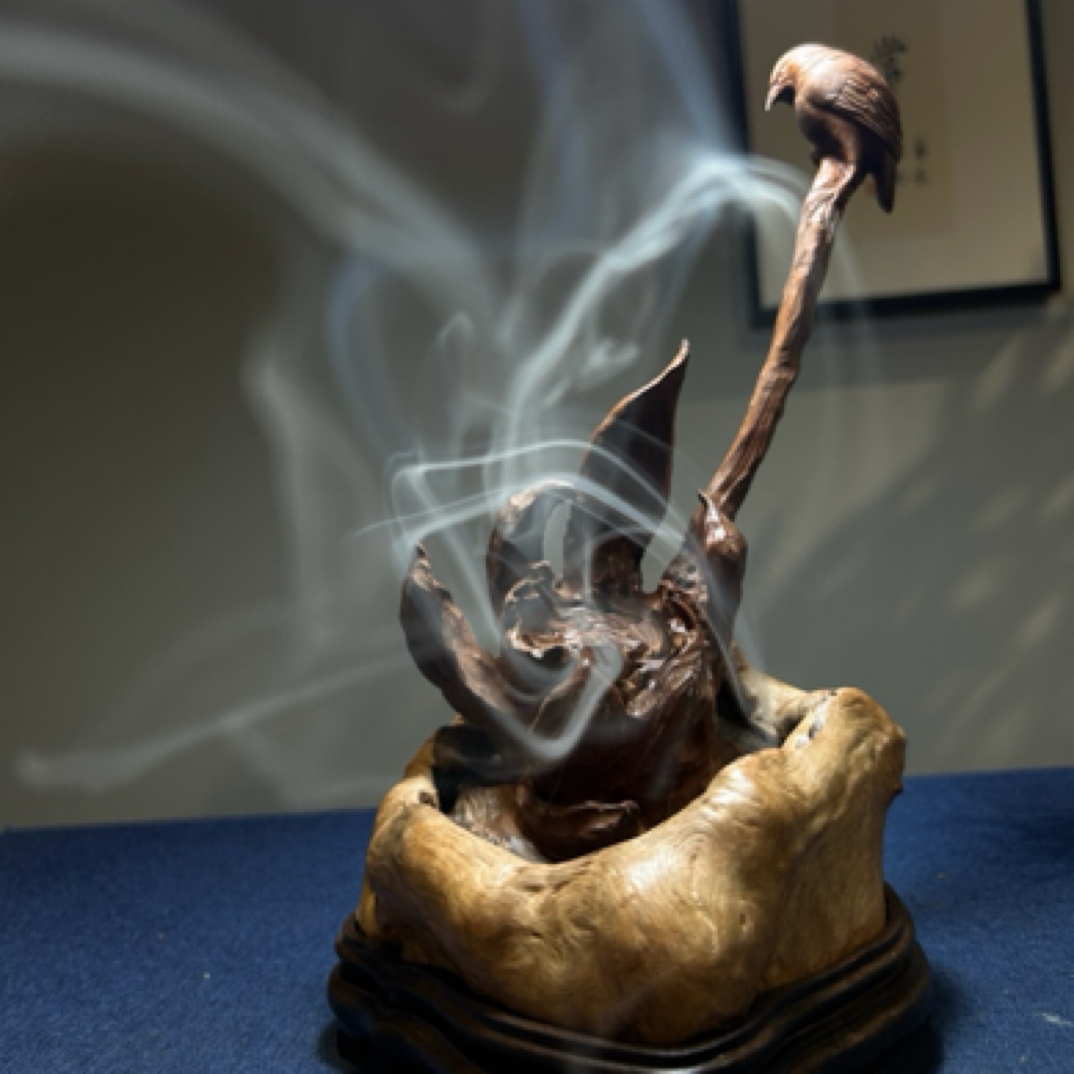 荔枝木手工雕刻香炉菏趣香炉一体摆件高25Cm