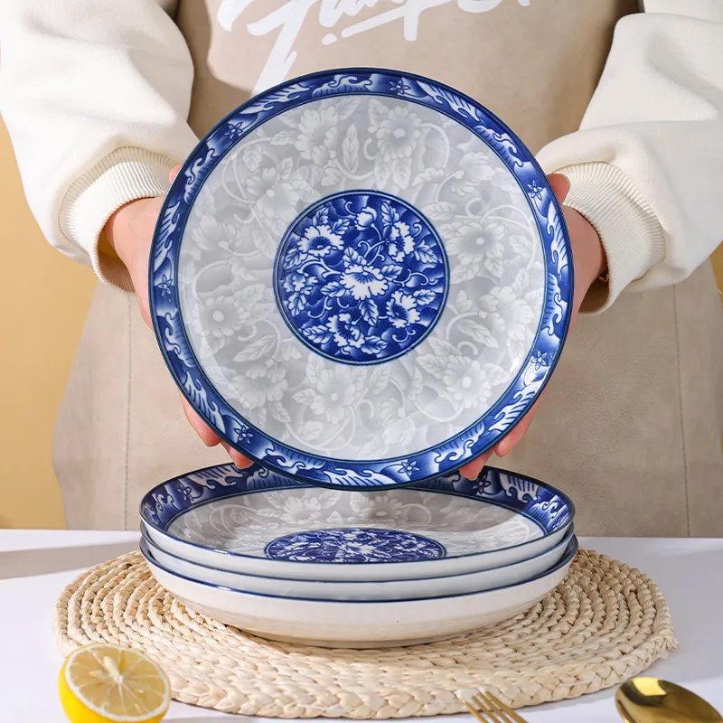 青花瓷盘子6个8英寸家用高颜值餐具高档餐盘陶瓷炒菜盘子家用