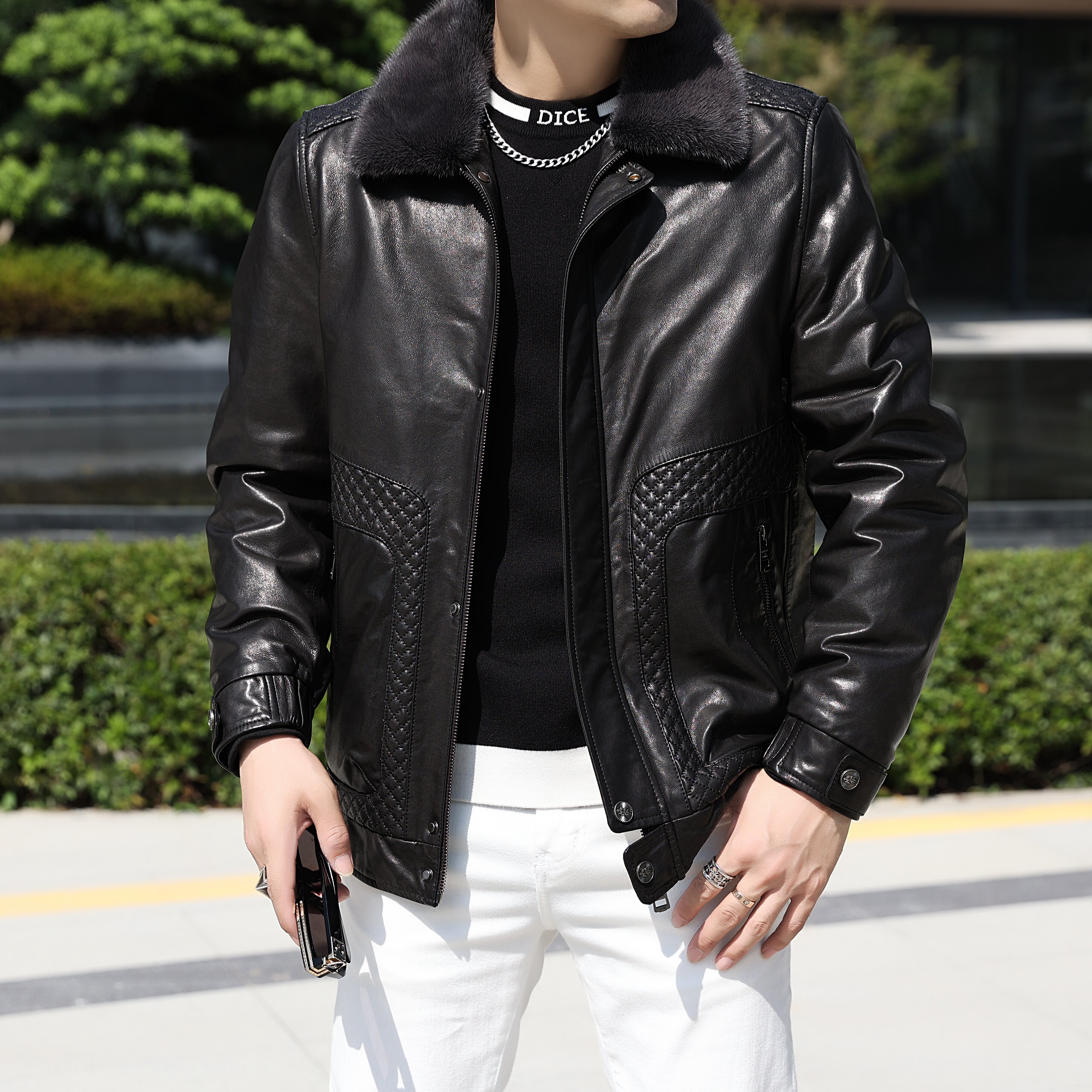 冬季新款男款赫本山羊皮水貂羽绒内胆重工时尚保暖真皮 皮衣