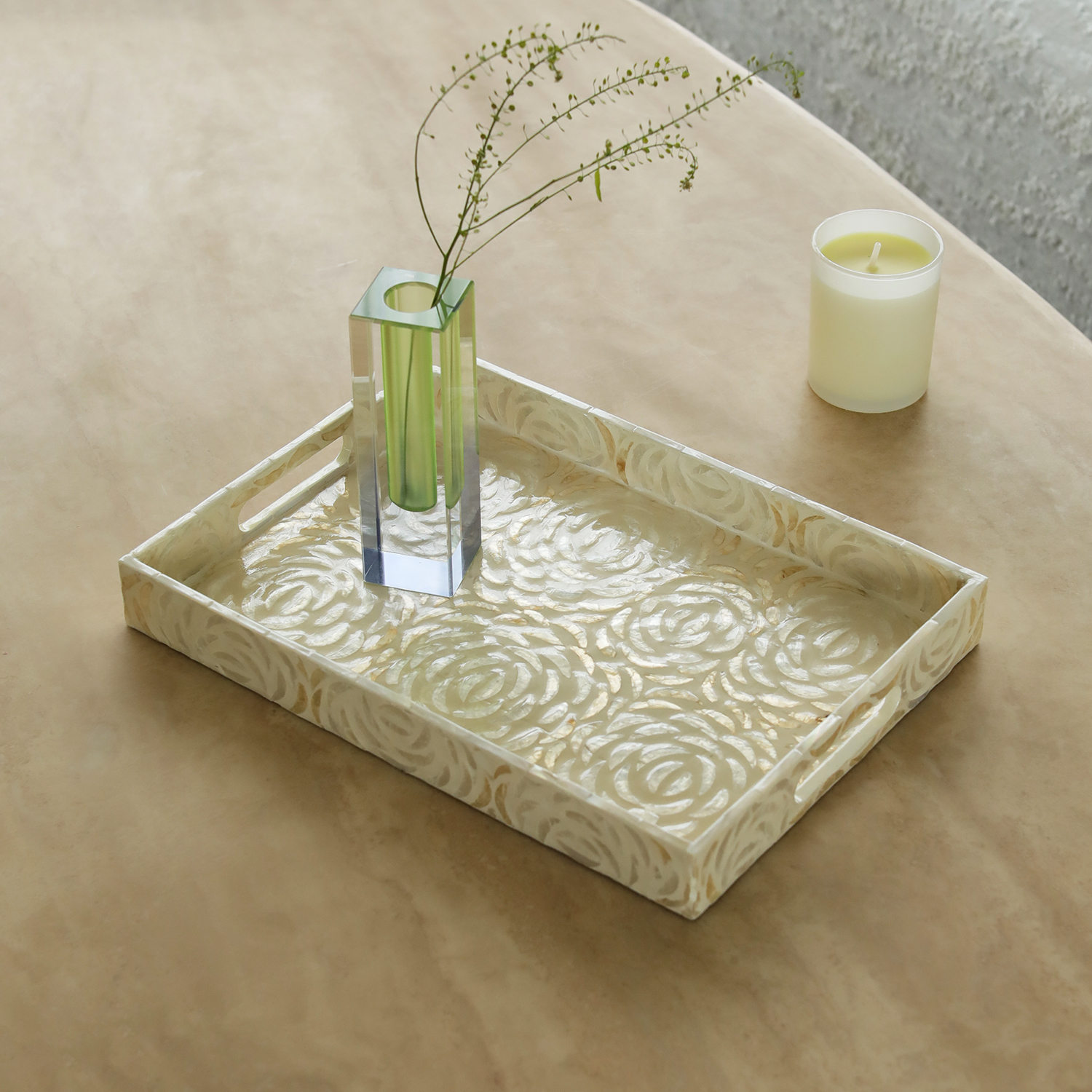 【白玫瑰】DOKKY轻奢天然海贝镶嵌.INS风|长方形.进口收纳茶托盘